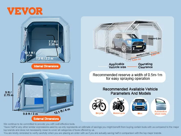 VEVOR inflatable paint booth with dimensions and recommended vehicle types including mini and motorcycle.