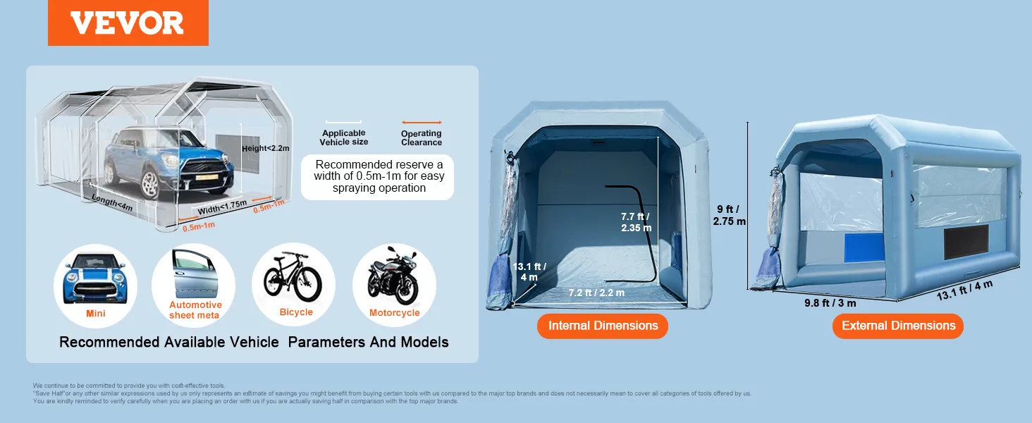 VEVOR inflatable paint booth with dimensions and recommended vehicle types including mini and motorcycle.