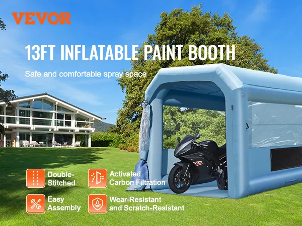 VEVOR inflatable paint booth: 13ft spray space, double-stitched, easy assembly, wear-resistant, carbon filtration.
