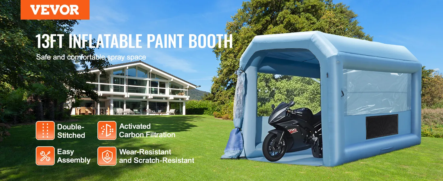 VEVOR inflatable paint booth: 13ft spray space, double-stitched, easy assembly, wear-resistant, carbon filtration.
