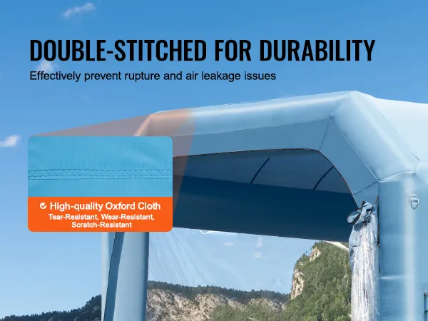 VEVOR inflatable paint booth with durable double-stitched high-quality oxford cloth against a scenic backdrop.