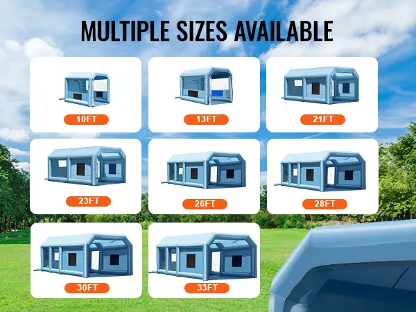 multiple sizes of VEVOR inflatable paint booths displayed in a green field with blue sky background.
