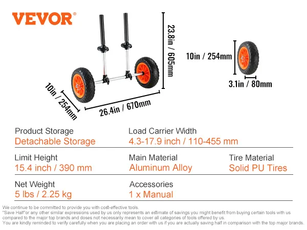 VEVOR heavy duty kayak cart with aluminum alloy frame, solid pu tires, and detachable storage.