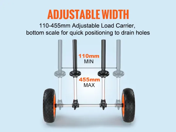 VEVOR heavy duty kayak cart with adjustable width from 110mm to 455mm and bottom scale for positioning.