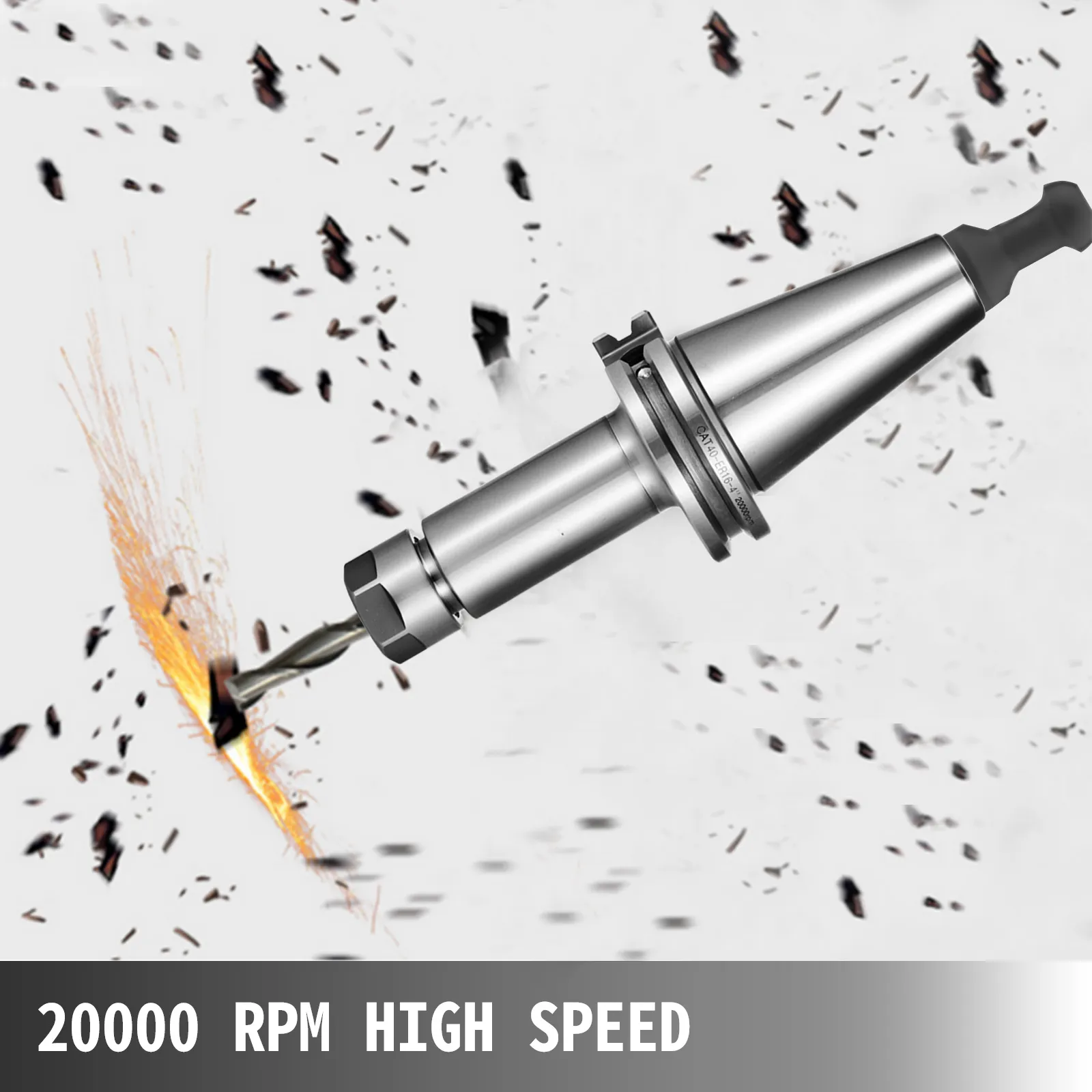 Juego de portaherramientas VEVOR cat40 con capacidad de alta velocidad de 20000 rpm, chispas saltando.