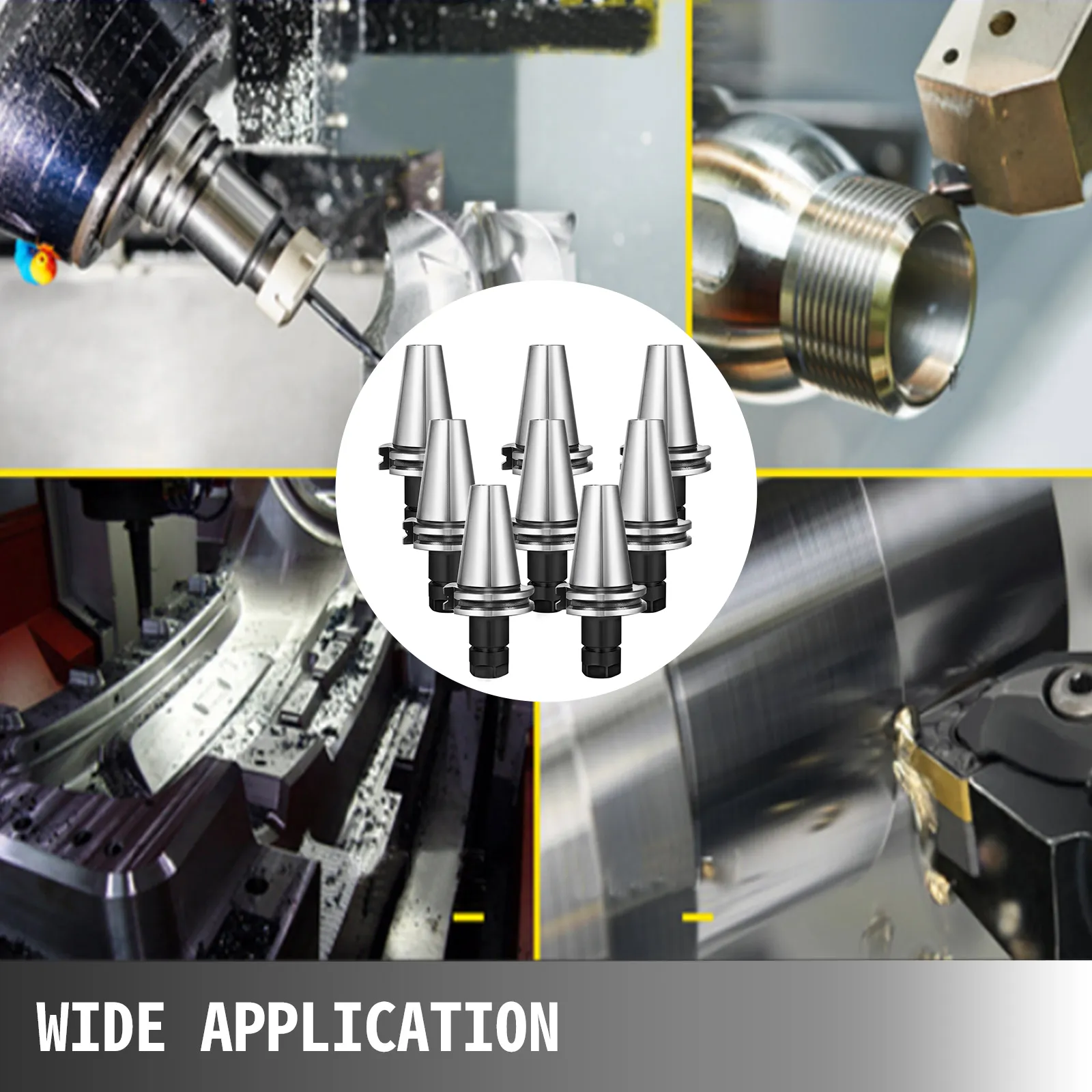 VEVOR cat40 tool holder set in various machining applications and close-up of milling process.
