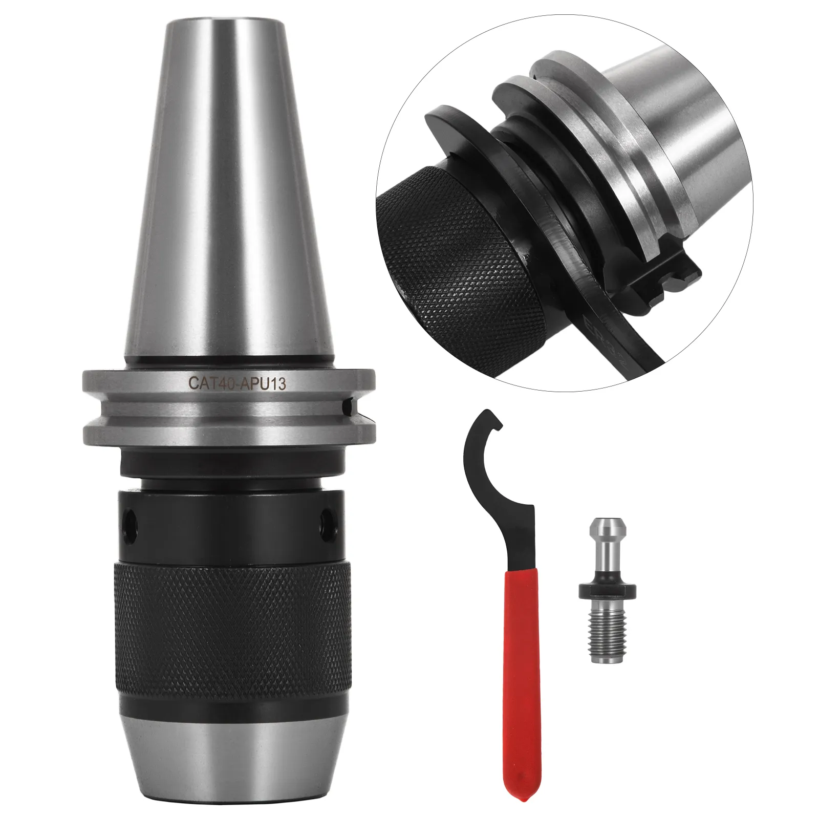 Portabrocas VEVOR cat40, llave y perno de tracción aislados sobre fondo blanco.