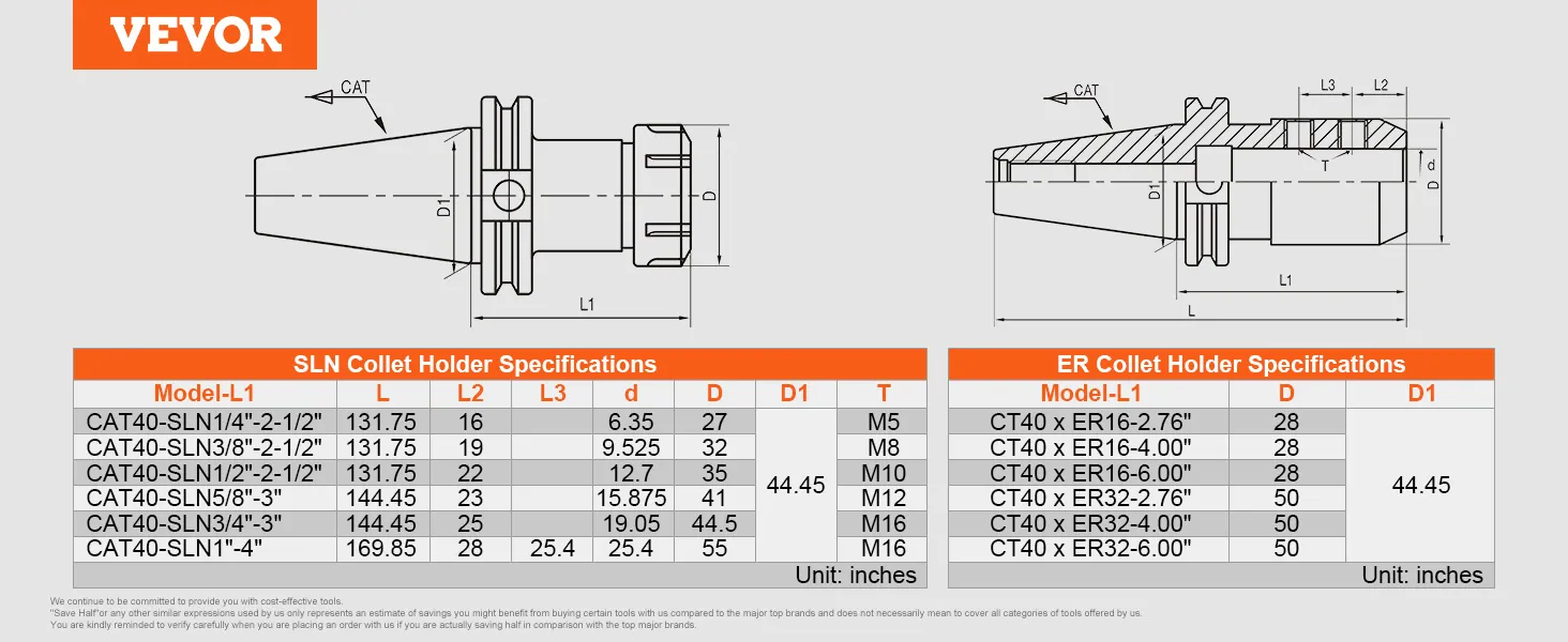 VEVOR cat40 collet holder specs and dimensions chart for sln and er models with detailed measurements.
