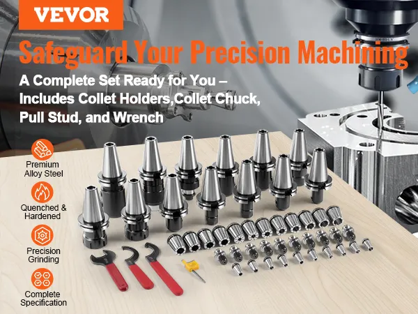 VEVOR cat40 collet holder set with collet chucks, pull studs, wrenches, and machining tools.