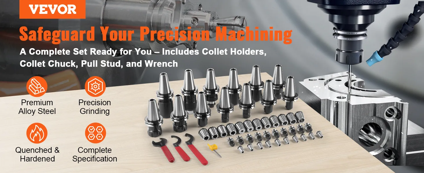 VEVOR cat40 collet holder set with collet chucks, pull studs, wrenches, and machining tools.