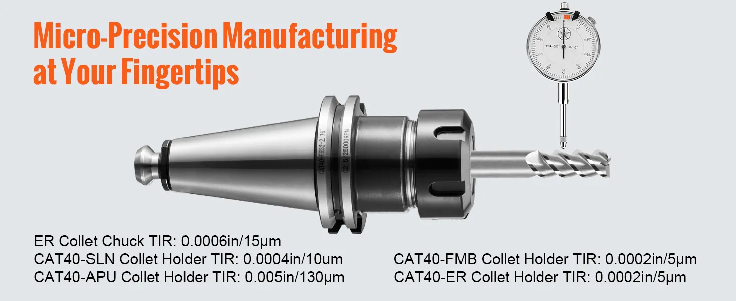 VEVOR cat40 collet holder with micron precision, cnc tool, and dial gauge for high-accuracy machining.