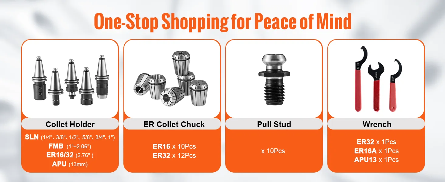VEVOR cat40 collet holder toolset with collet holders, er collet chuck, pull stud, and wrenches.