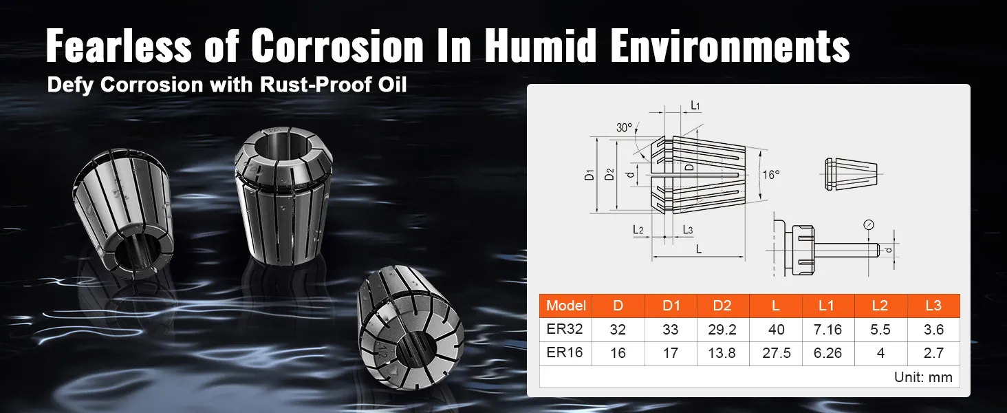 VEVOR cat40 collet holder, corrosion-resistant, dimension chart, and technical specs for er32 and er16 models.