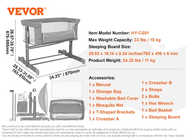 Cuna de bebé VEVOR con altura ajustable, bolsa de almacenamiento, funda lavable y accesorios de mosquitera.