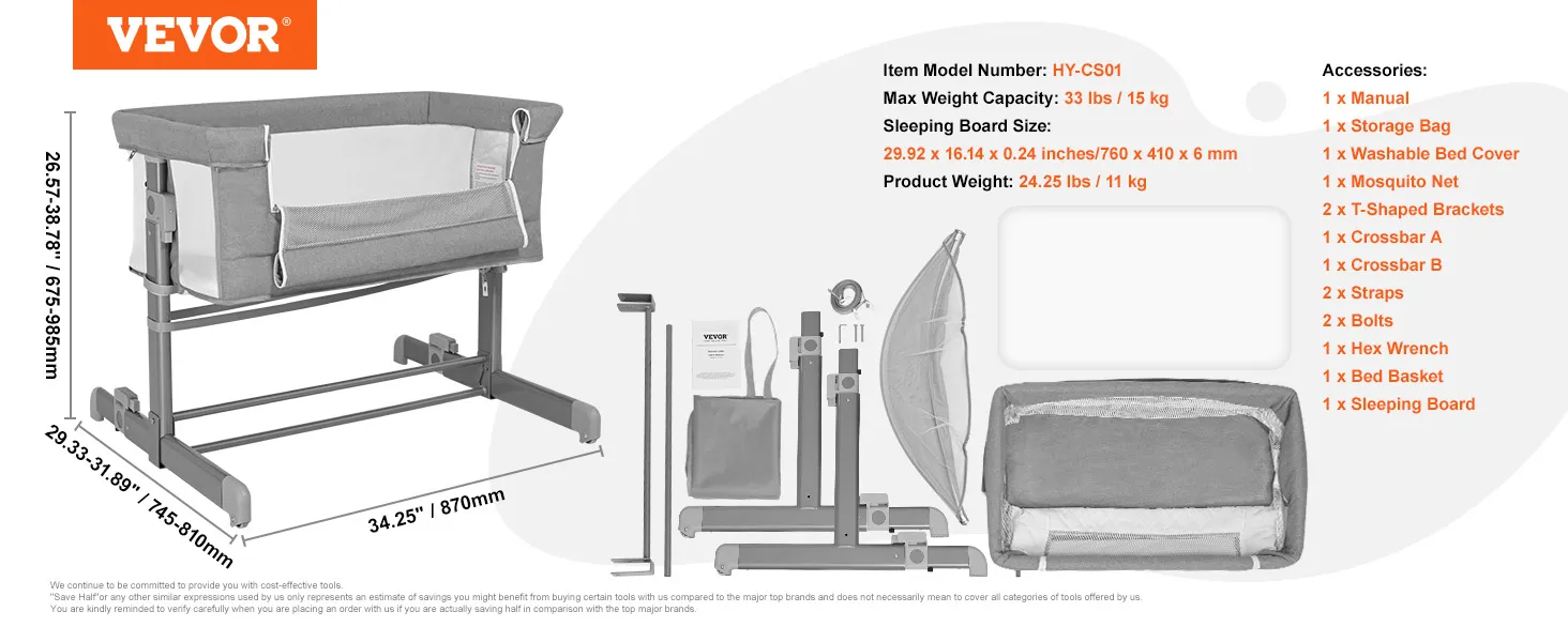Cuna de bebé VEVOR con altura ajustable, bolsa de almacenamiento, funda lavable y accesorios de mosquitera.
