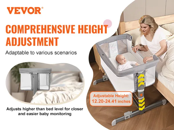 Cuna para bebé VEVOR con ajuste de altura integral, adaptable a escenarios, altura: 12,20-24,41 pulgadas.