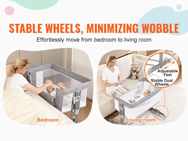 Cuna para bebé VEVOR con ruedas estables para moverla fácilmente del dormitorio al salón.