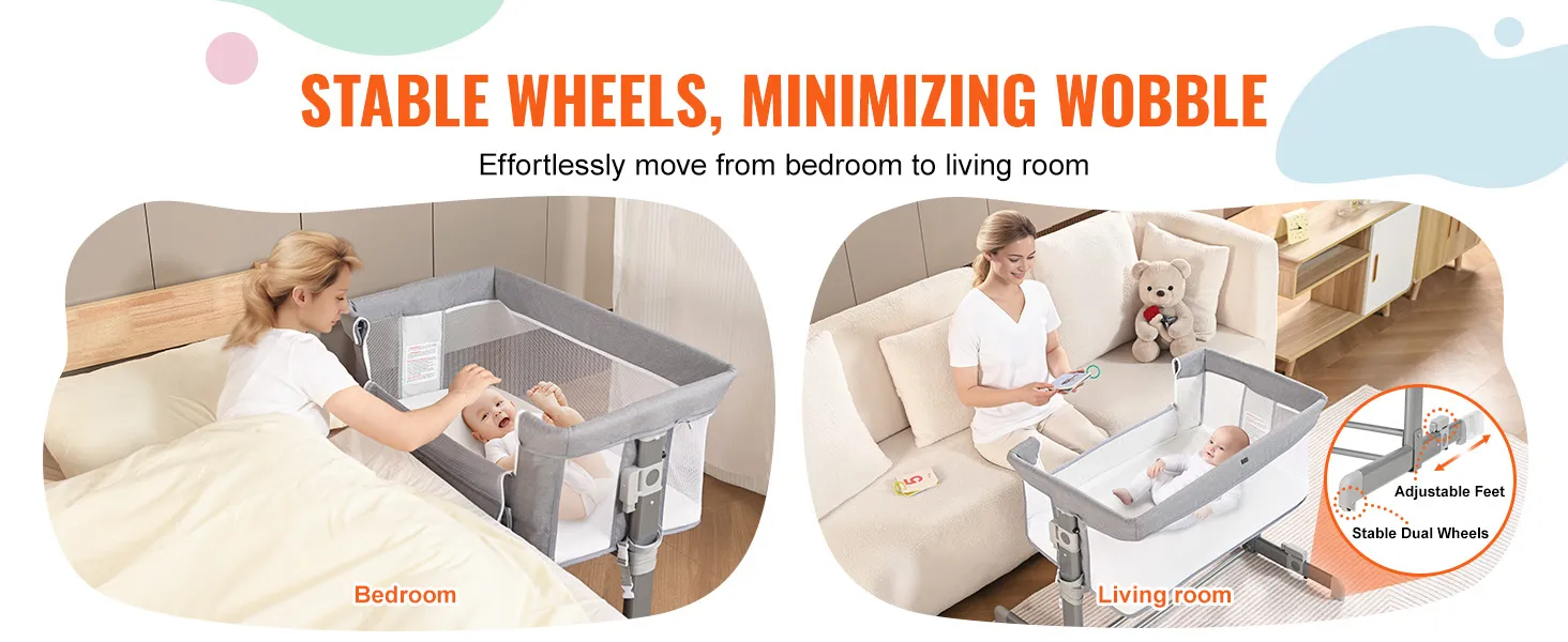 Cuna para bebé VEVOR con ruedas estables para moverla fácilmente del dormitorio al salón.