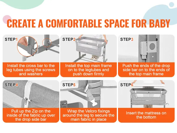 Pasos de montaje para cuna de bebé VEVOR: barra transversal, estructura principal, barra lateral abatible, cremallera, fijaciones de velcro, colchón.