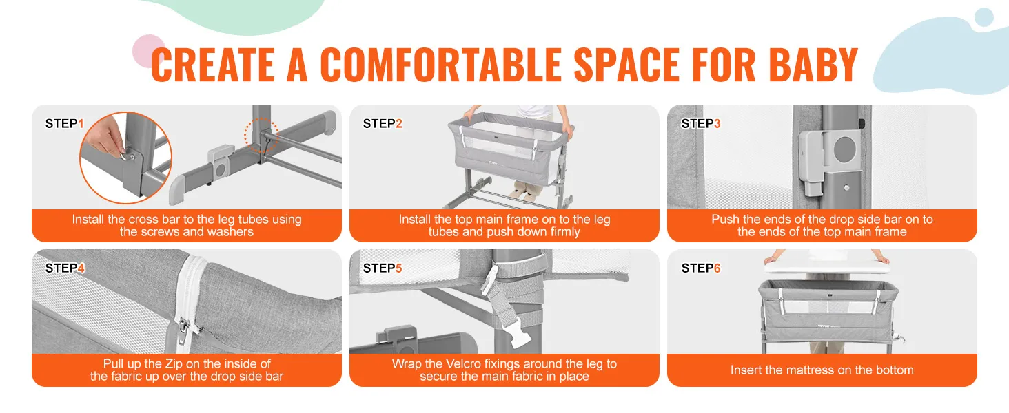 Pasos de montaje para cuna de bebé VEVOR: barra transversal, estructura principal, barra lateral abatible, cremallera, fijaciones de velcro, colchón.