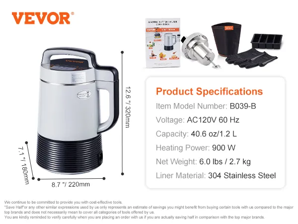 Máquina infusora de mantequilla VEVOR con accesorios, capacidad de 40,6 oz, 900w, acero inoxidable, especificaciones del producto.