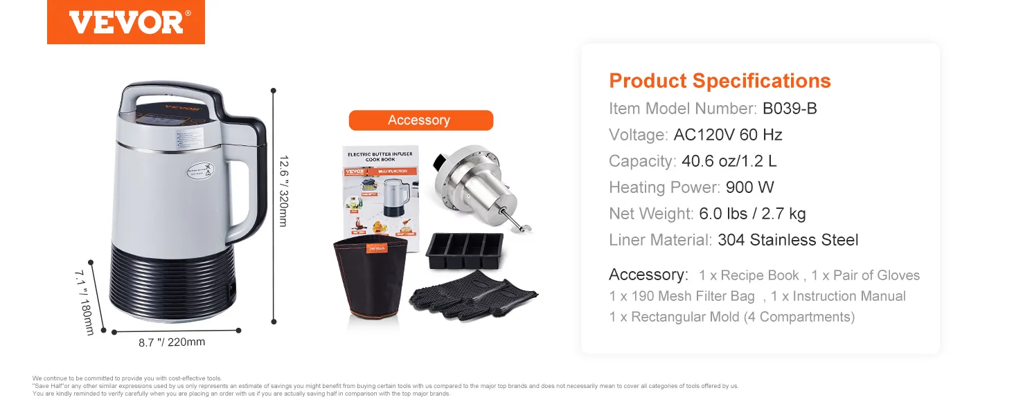 Máquina infusora de mantequilla VEVOR con accesorios, capacidad de 40,6 oz, 900w, acero inoxidable, especificaciones del producto.