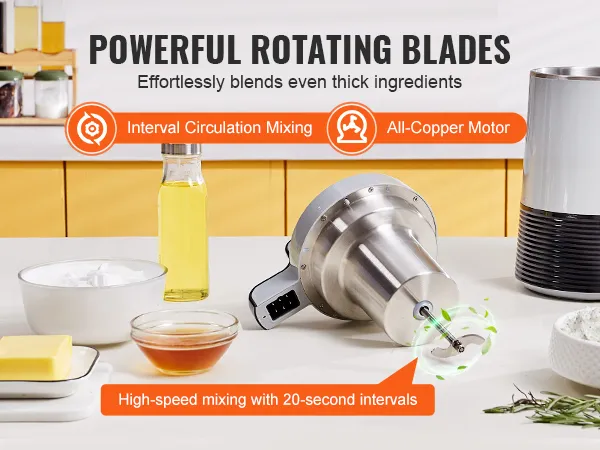 Máquina infusora de mantequilla VEVOR con potentes cuchillas giratorias y motor totalmente de cobre sobre una encimera de cocina.