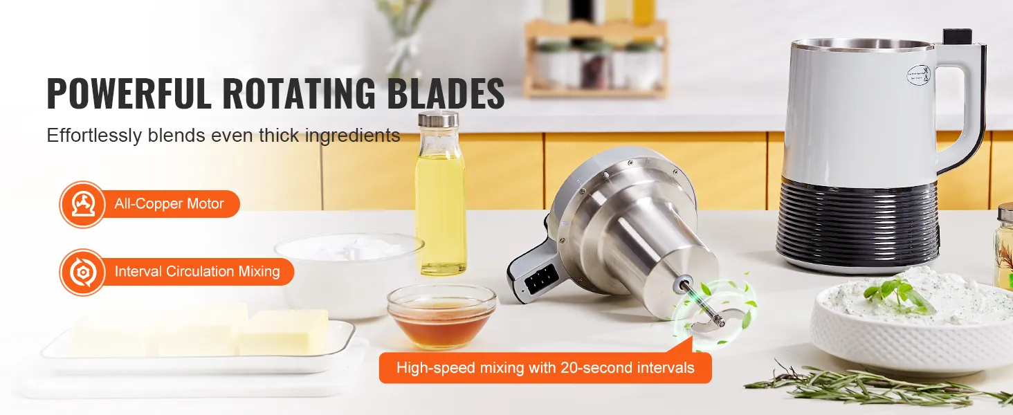Máquina infusora de mantequilla VEVOR con potentes cuchillas giratorias y motor totalmente de cobre sobre una encimera de cocina.