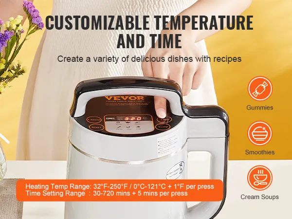 Máquina infusora de mantequilla VEVOR con configuraciones de temperatura y tiempo personalizables, incluye libro de recetas.