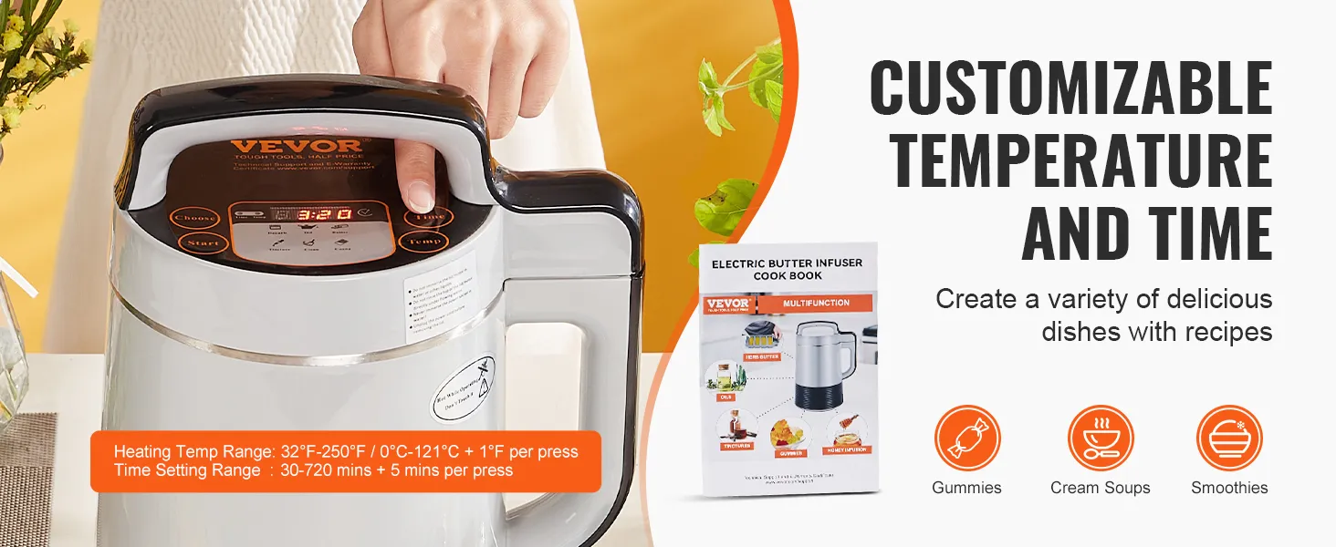 Máquina infusora de mantequilla VEVOR con configuraciones de temperatura y tiempo personalizables, incluye libro de recetas.