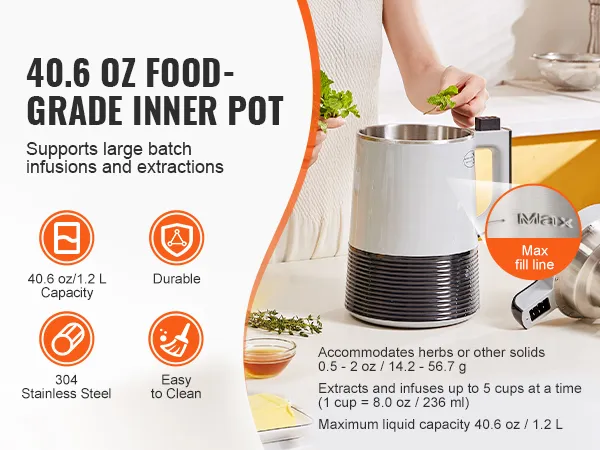 Máquina infusora de mantequilla VEVOR con recipiente interior de grado alimenticio de 40,6 oz, acero inoxidable 304 y fácil de limpiar.