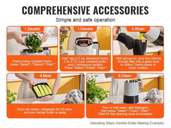 Máquina infusora de mantequilla VEVOR, accesorios completos, instrucciones de fácil funcionamiento para descarboxilar, mezclar, colar, moldear y limpiar.