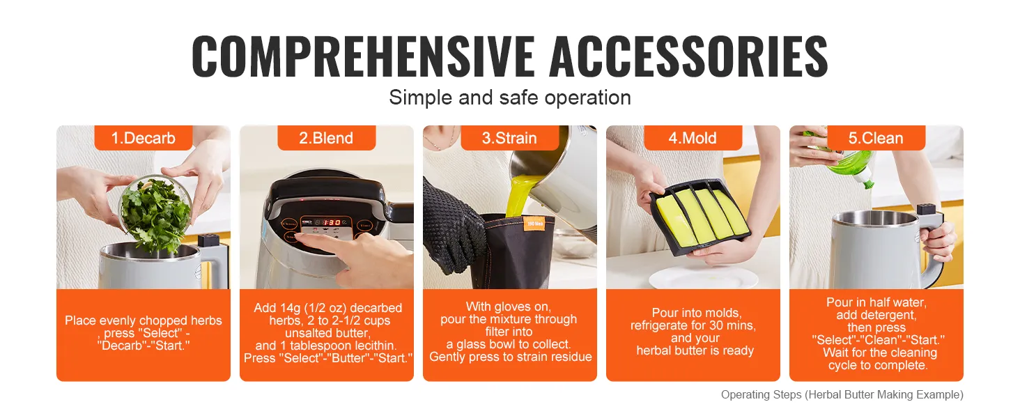 Máquina infusora de mantequilla VEVOR, accesorios completos, instrucciones de fácil funcionamiento para descarboxilar, mezclar, colar, moldear y limpiar.