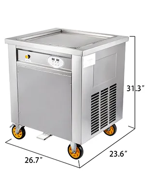 Máquina para hacer helados en rollo VEVOR con dimensiones 31,3" x 26,7" x 23,6" sobre ruedas.