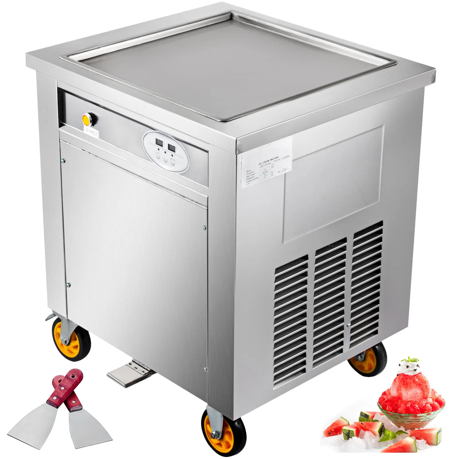 Máquina para hacer helados VEVOR con cuerpo de acero inoxidable, pantalla digital y herramientas para servir.