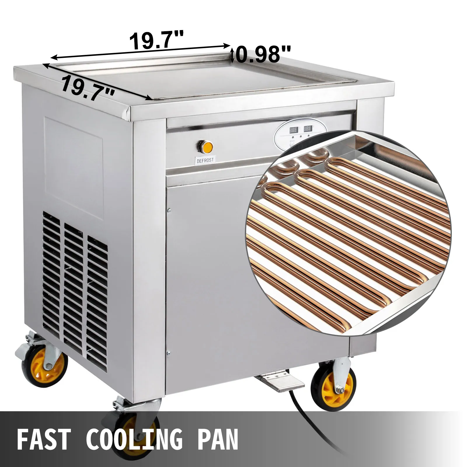 Máquina para hacer rollos de helado VEVOR con bandeja de enfriamiento rápido y dimensiones 19,7" x 19,7" x 0,98".