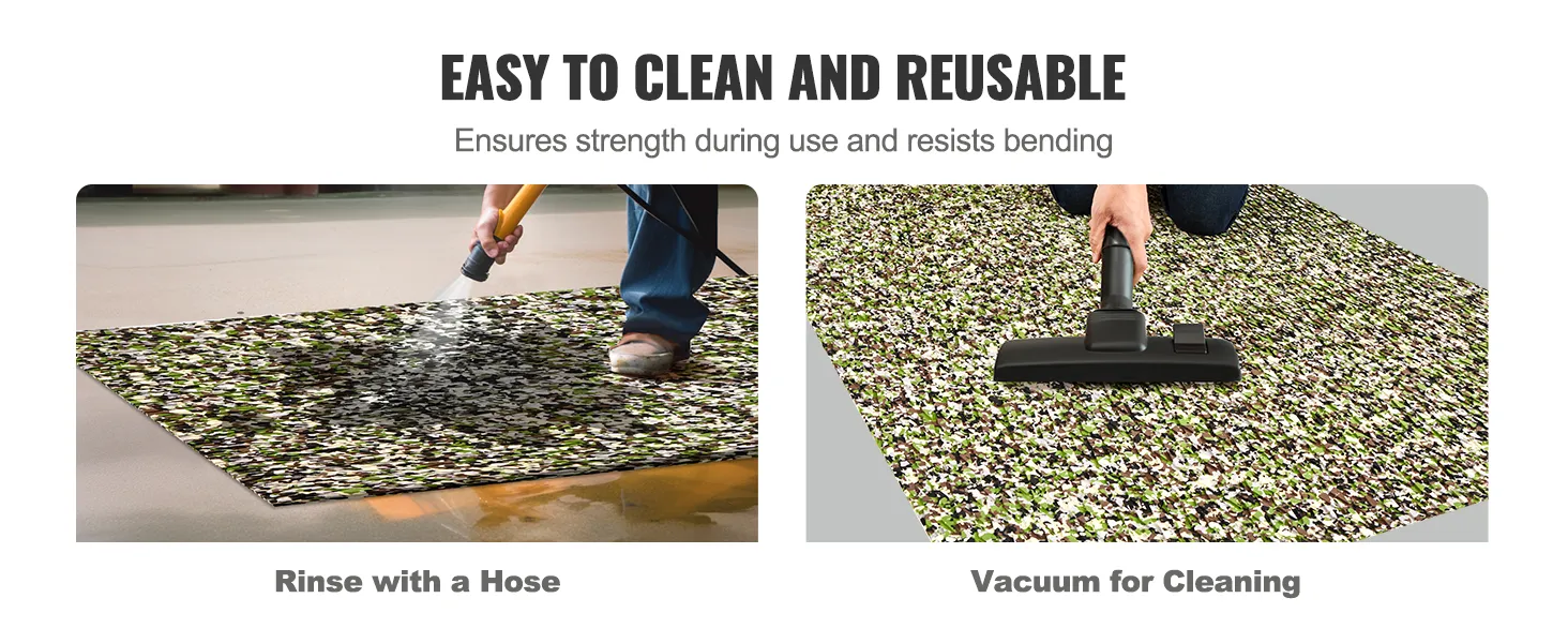 VEVOR boat flooring being rinsed with a hose and vacuumed, showcasing ease of cleaning features.