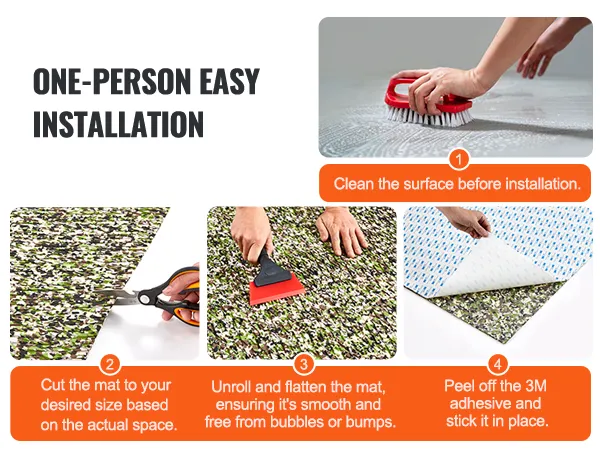 one-person installing VEVOR boat flooring by cleaning surface, cutting mat, unrolling, and peeling adhesive.