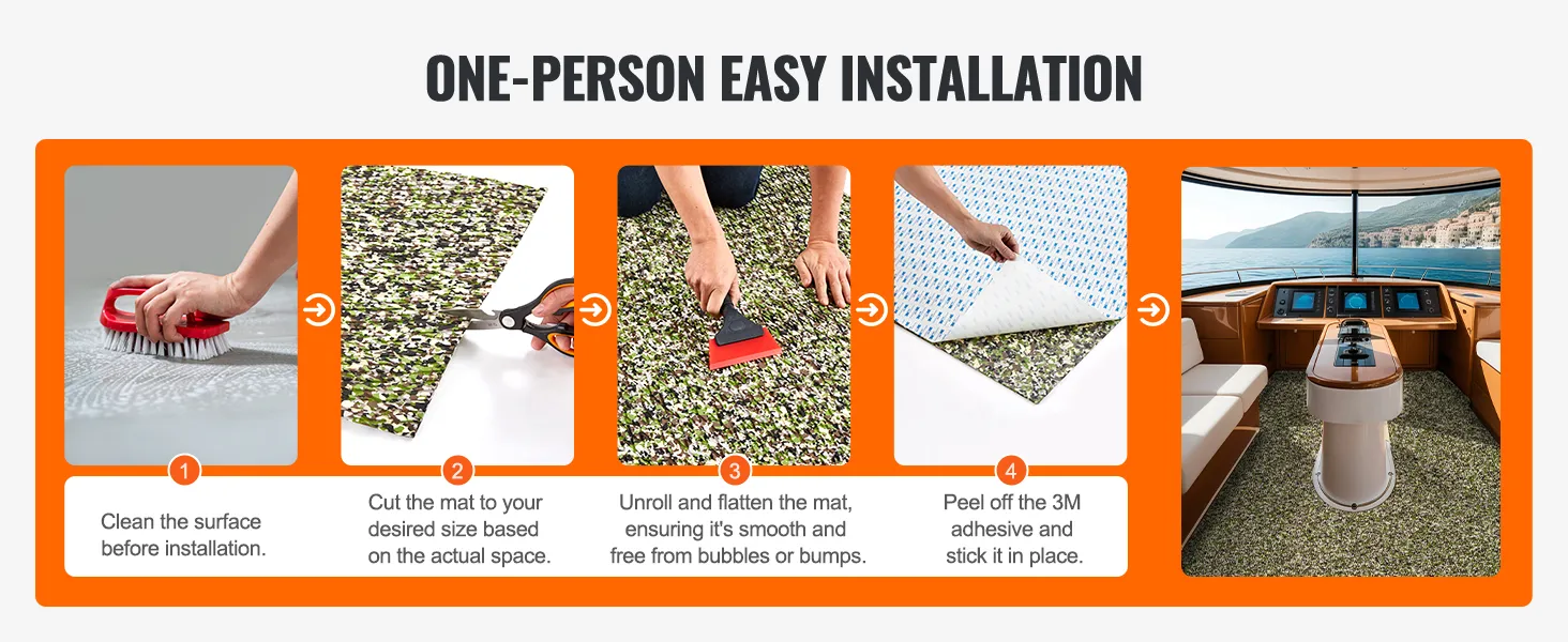 one-person installing VEVOR boat flooring by cleaning surface, cutting mat, unrolling, and peeling adhesive.