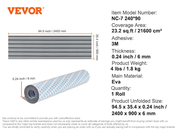 VEVOR boat flooring, nc-7 240*90, 2400x900x6 mm, 94.5x35.4x0.24 inch, eva material, 3m adhesive.