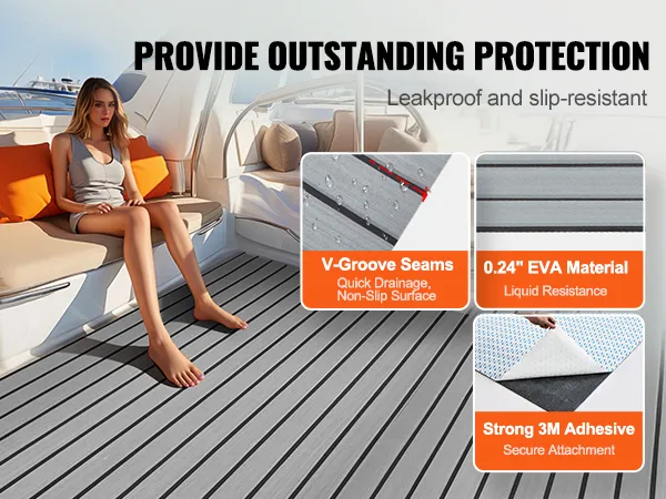 VEVOR boat flooring offers v-groove seams, 0.24" eva material, and strong 3m adhesive for slip-resistance.