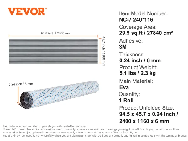 VEVOR boat flooring, 94.5 x 45.7 inches, 0.24 inch thick eva, 3m adhesive, 1 roll, 29.9 sq. ft. coverage.