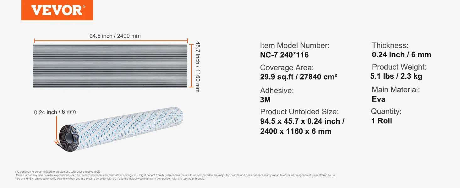 VEVOR boat flooring, 94.5 x 45.7 inches, 0.24 inch thick eva, 3m adhesive, 1 roll, 29.9 sq. ft. coverage.