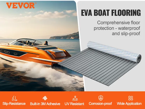 VEVOR boat flooring - uv resistant, slip-resistant, waterproof roll next to a sleek orange boat speeding on water.