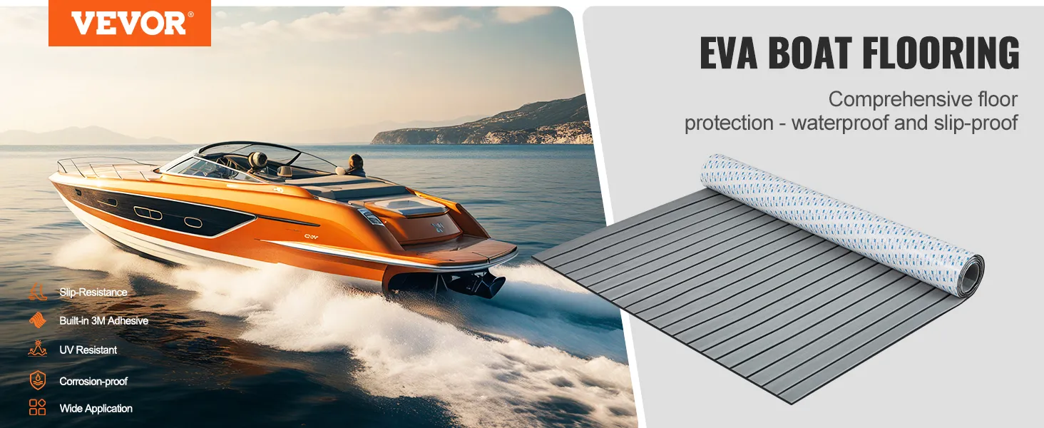 VEVOR boat flooring - uv resistant, slip-resistant, waterproof roll next to a sleek orange boat speeding on water.