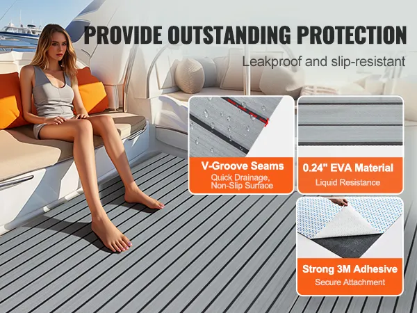 VEVOR boat flooring with v-groove seams, eva material, and 3m adhesive for leakproof, slip-resistant protection.