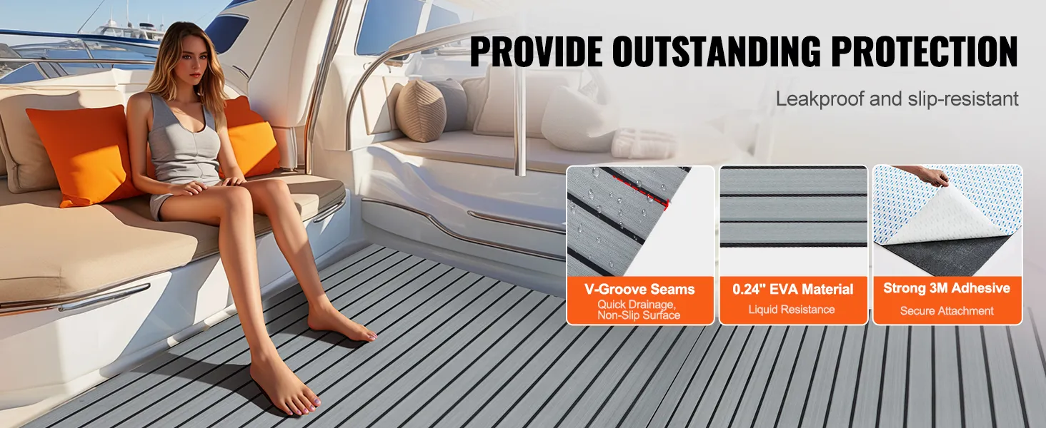 VEVOR boat flooring with v-groove seams, eva material, and 3m adhesive for leakproof, slip-resistant protection.