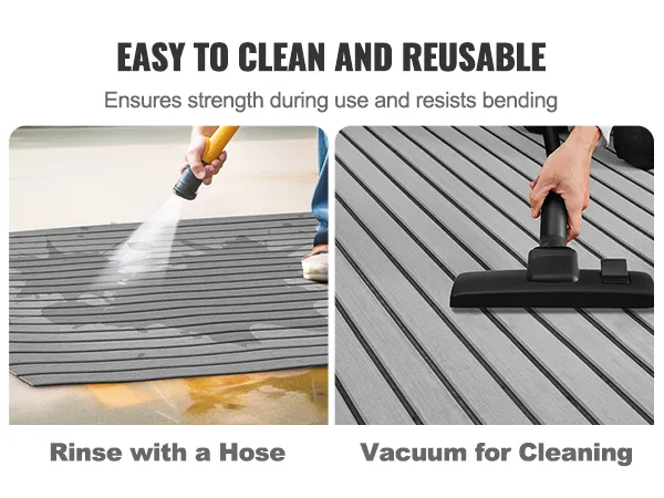 easy-to-clean VEVOR boat flooring being rinsed with a hose and vacuumed for cleaning.