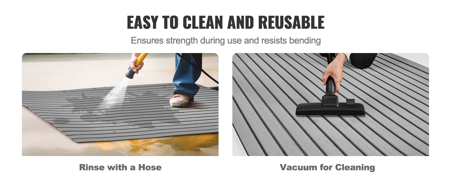 easy-to-clean VEVOR boat flooring being rinsed with a hose and vacuumed for cleaning.