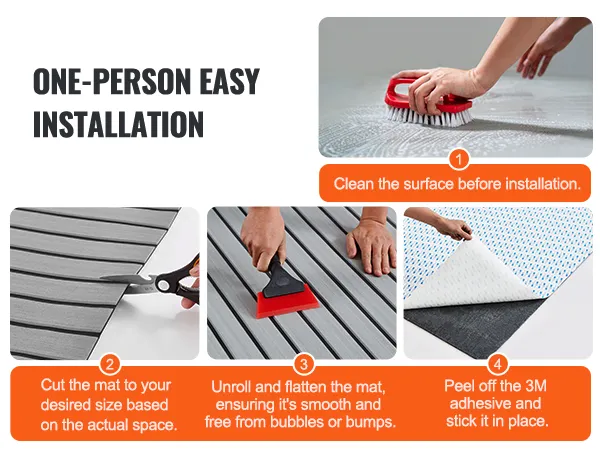 one-person installing VEVOR boat flooring: clean surface, cut mat, unroll, peel adhesive, and stick.